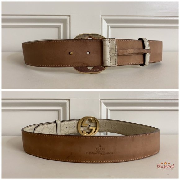 Authentic Gucci Cream Guccissima Leather Gold Interlocking G Buckle Belt 85/34 - Picture 6 of 13